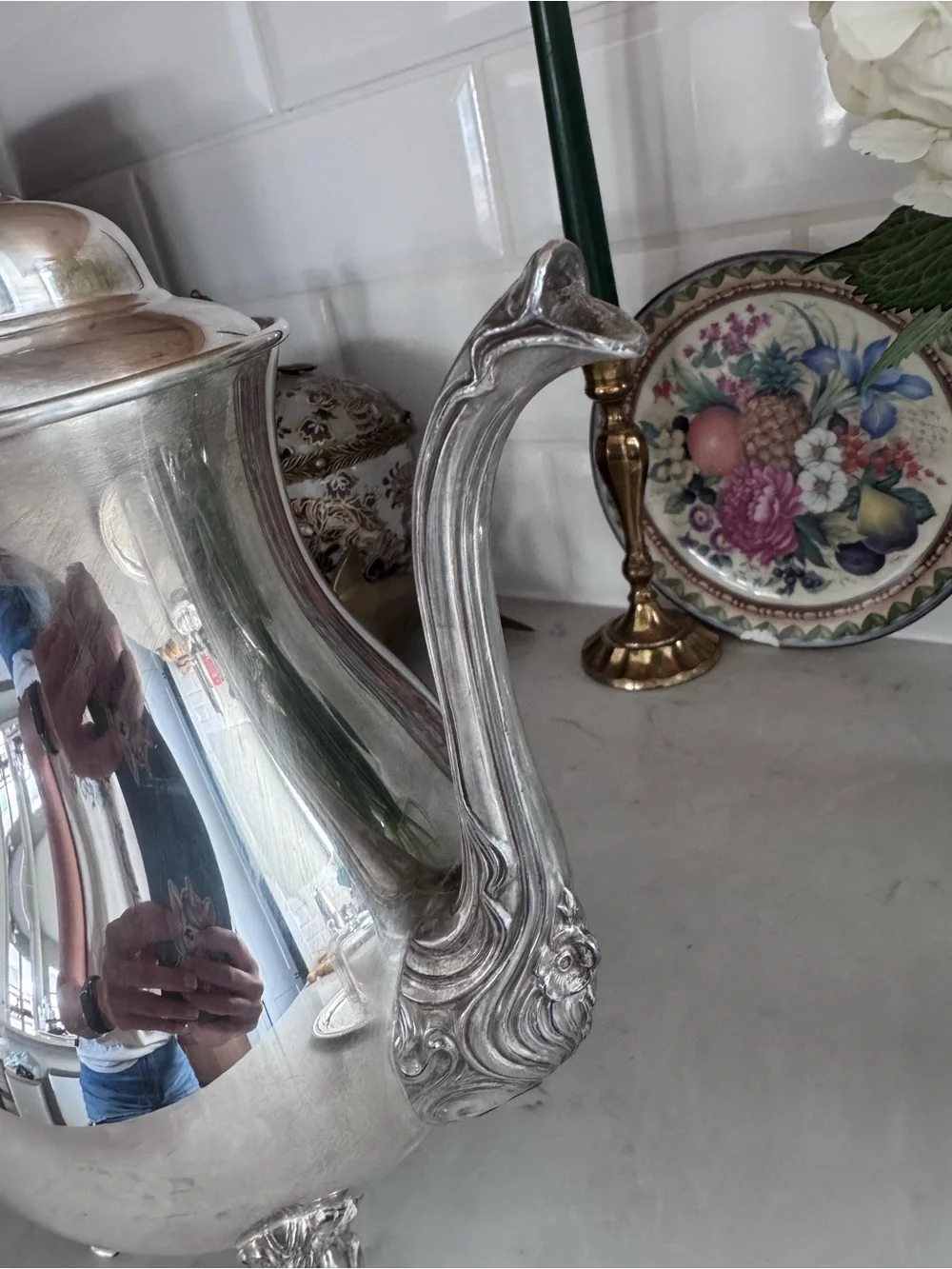 Sheridan Silver Co Silver Plated Tea Pot Silver On Copper Flower Design 4 Footed